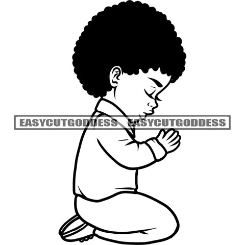 African American Child Hard Praying Hand Design Element Afro Hairstyle Side Face Child Sitting Pose BW Artwork SVG JPG PNG Vector Clipart Cricut Silhouette Cut Cutting
