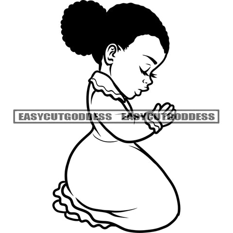 Close Eyes Girls African American Child Hard Praying Hand Design Element Afro Hairstyle Side Face Child Sitting Pose BW Artwork SVG JPG PNG Vector Clipart Cricut Silhouette Cut Cutting