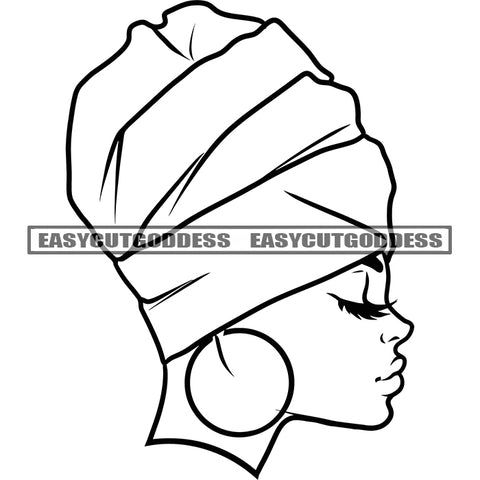 Black And White Artwork African American Woman Wearing Head Scarf And Hoop Earing Design Element Side Face Look Artwork SVG JPG PNG Vector Clipart Cricut Silhouette Cut Cutting