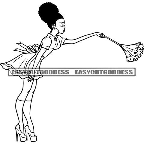 Cleaning Sexy Woman Holding Brush African American Woman Standing Design Element BW Artwork Afro Short Hairstyle SVG JPG PNG Vector Clipart Cricut Silhouette Cut Cutting