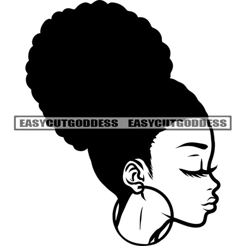 African American Woman Side Face Design Element Wearing Hoop Earing Afro Short Hairstyle Close Dyes Design Element BW Artwork SVG JPG PNG Vector Clipart Cricut Silhouette Cut Cutting