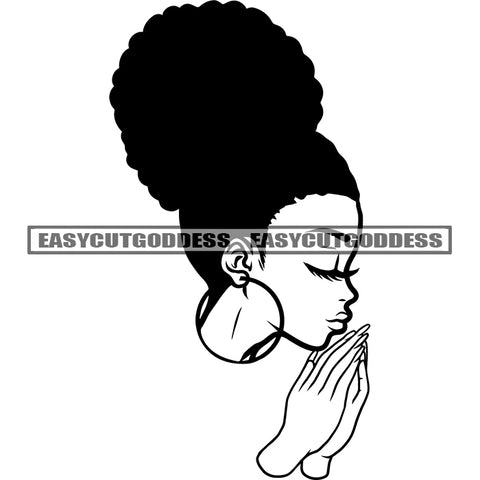 Hard Praying Hand African American Woman Side Face Design Element Wearing Hoop Earing Afro Short Hairstyle Close Dyes Design Element BW Artwork SVG JPG PNG Vector Clipart Cricut Silhouette Cut Cutting