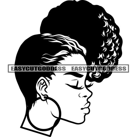 Angry Face African American Woman Side Face Design Element Afro Hairstyle Wearing Hoop Earing Vector BW Artwork SVG JPG PNG Vector Clipart Cricut Silhouette Cut Cutting