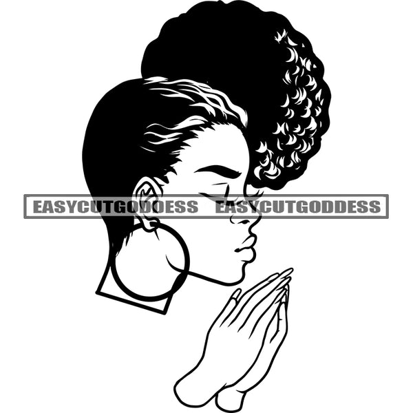 Hard Praying Hand Angry Face African American Woman Side Face Design Element Afro Hairstyle Wearing Hoop Earing Vector BW Artwork SVG JPG PNG Vector Clipart Cricut Silhouette Cut Cutting