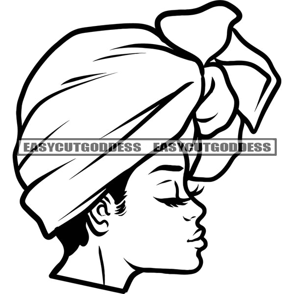 African American Woman Wearing Head Scarf Vector BW Artwork Design Element Side Face Woman Close Eyes SVG JPG PNG Vector Clipart Cricut Silhouette Cut Cutting