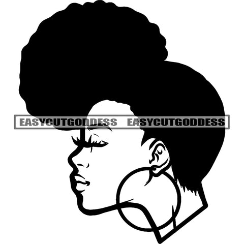 African American Woman Wearing Hoop Earing Vector BW Artwork Design Element Side Face Woman Close Eyes Angry Face Woman SVG JPG PNG Vector Clipart Cricut Silhouette Cut Cutting