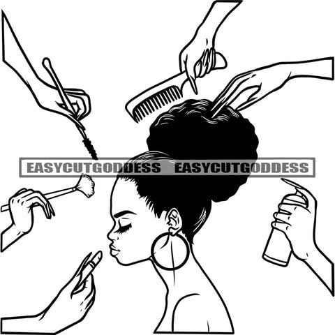 Black And White African American Woman Hand Holding Parlor Accessories Afro Short Hairstyle Wearing Hoop Earing Design Element SVG JPG PNG Vector Clipart Cricut Silhouette Cut Cutting