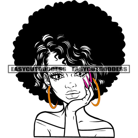 African American Beautiful Woman Face Design Element Afro Hairstyle BW Artwork Color Design White Background Wearing Hoop Earing Smile Face SVG JPG PNG Vector Clipart Cricut Silhouette Cut Cutting