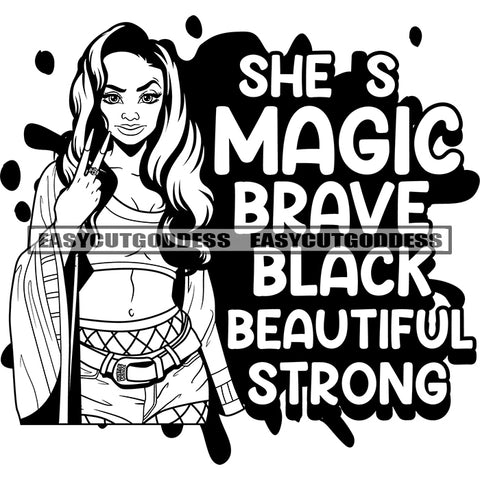 She Is Magic Brave Black Beautiful Strong Quote Peach Hand Sign African American Girls Showing Peach Hand Sign Design Element Wearing Sexy Dress Smile Face BW SVG JPG PNG Vector Clipart Cricut Silhouette Cut Cutting