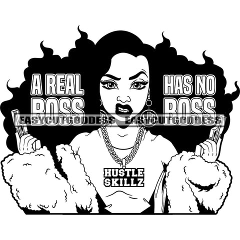 A Real Boss Has No Boss Quote African American Gangster Woman Hand Holding Gun Angry Face Woman Wearing Chain Design Element SVG JPG PNG Vector Clipart Cricut Silhouette Cut Cutting