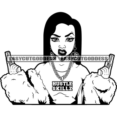 African American Girls Holding Gun Design Element Black And White Afro Woman Angry Face Wearing Hustle Chain And Earing BW SVG JPG PNG Vector Clipart Cricut Silhouette Cut Cutting