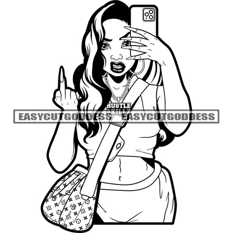 Afro Girls Holding Phone Fuck Hand Sign Design Element Long Nail Angry Face Wearing Side Bag BW Sexy Pose BW SVG JPG PNG Vector Clipart Cricut Silhouette Cut Cutting