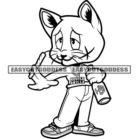 Black And White Gangster Scarface Character Holding Bear Bottle And Marijuana Smoking Pose Design Element Cat Standing BW SVG JPG PNG Vector Clipart Cricut Silhouette Cut Cutting
