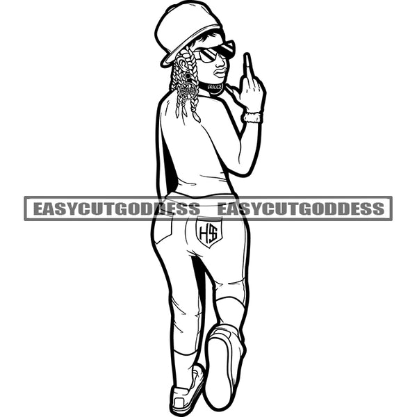 Black And White Afro Woman Wearing Sunglasses And Hat Showing Middle Finger Sexy Pose African American Girls Design Element BW SVG JPG PNG Vector Clipart Cricut Silhouette Cut Cutting