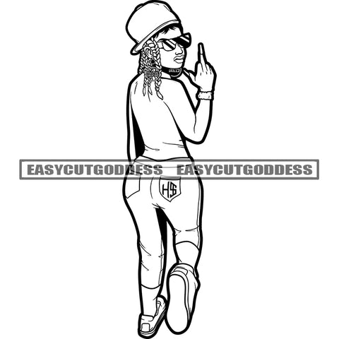 Black And White Afro Woman Wearing Sunglasses And Hat Showing Middle Finger Sexy Pose African American Girls Design Element BW SVG JPG PNG Vector Clipart Cricut Silhouette Cut Cutting