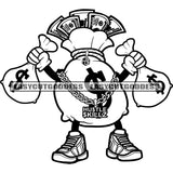 Funny Money Bag Character Holding Double Money Bag Wearing Hustle Chain And Shoes Design Element BW Dollar Sign SVG JPG PNG Vector Clipart Cricut Silhouette Cut Cutting