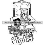 Raise The Bar A Little Higher Quote African American Woman Wearing Sunglasses And Chain Girls Sitting On Chair And Money Bundle SVG JPG PNG Vector Clipart Cricut Silhouette Cut Cutting