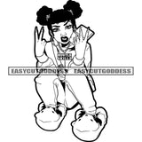 Afro Gangster Woman Peach Hand Sign Black And White Design Element Afro Hairstyle Angry Face Panda Character Shoes BW SVG JPG PNG Vector Clipart Cricut Silhouette Cut Cutting