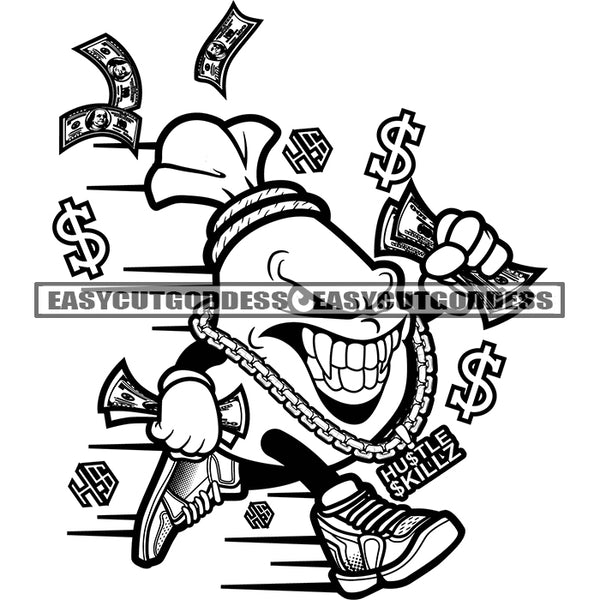 Funny Money Bag Character Smile Face Wearing Gangster Chain Design Element Money Sign And Money Fly BW Bag Teeth Wearing Shoes SVG JPG PNG Vector Clipart Cricut Silhouette Cut Cutting