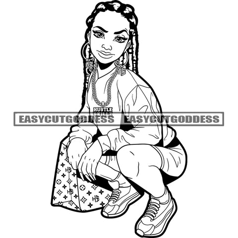 African American Woman Sitting Pose Hand Holding Hand Bag Wearing Hoop Earing And Chain Design Element BW Artwork Smile Face SVG JPG PNG Vector Clipart Cricut Silhouette Cut Cutting