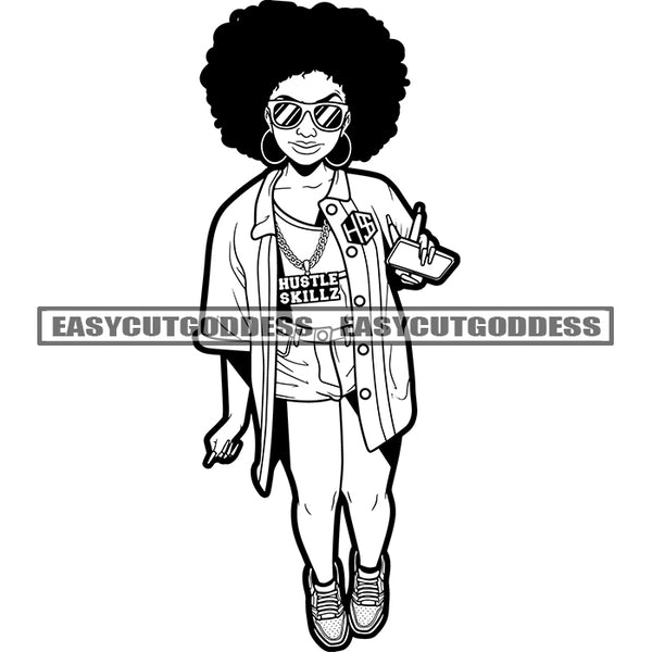 Gangster Girls Hand Holding Phone Afro Hairstyle Wearing Hoop Earing And Sunglasses African Girls Walking Design Element BW SVG JPG PNG Vector Clipart Cricut Silhouette Cut Cutting