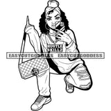 Gangster Girls Sitting Pose Hand Holding Phone Showing Middle Finger Wearing Hoop Earing And Head Scarf Vector Angry Face SVG JPG PNG Vector Clipart Cricut Silhouette Cut Cutting