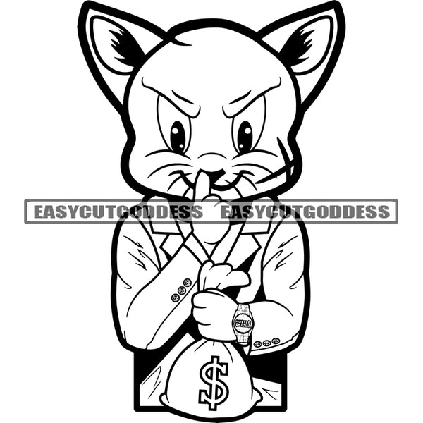 Gangster Scarface Cat Smile Face Hand Holding Money Bag Wearing Watch Design Element BW Artwork Silent Hand Sign SVG JPG PNG Vector Clipart Cricut Silhouette Cut Cutting