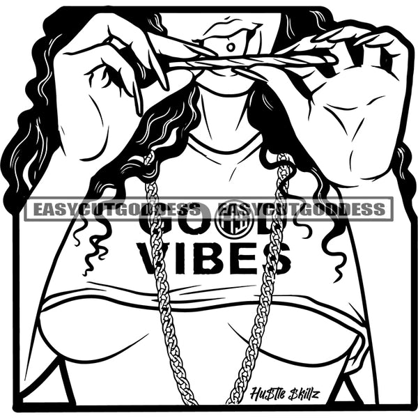 Good Vibes Quote African American Woman Hand Holding Roll Weed Marijuana Roll Wearing Sexy Dress BW Artwork Design Element SVG JPG PNG Vector Clipart Cricut Silhouette Cut Cutting