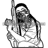 African American Gangster Woman Hand Holding Gun Long Hairstyle Wearing Face Musk Black And White Artwork BW SVG JPG PNG Vector Clipart Cricut Silhouette Cut Cutting