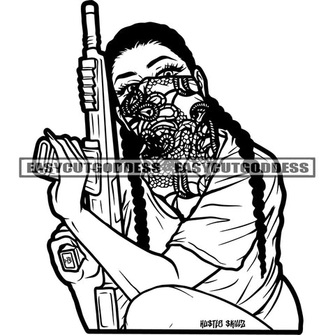 African American Gangster Woman Hand Holding Gun Long Hairstyle Wearing Face Musk Black And White Artwork BW SVG JPG PNG Vector Clipart Cricut Silhouette Cut Cutting