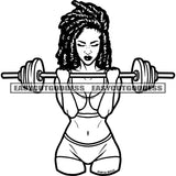 African American Body Builder Woman Hand Holding Weight Locus Hairstyle Cute Face Design Element Black And White Artwork Wearing Bikini SVG JPG PNG Vector Clipart Cricut Silhouette Cut Cutting