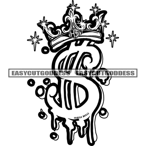 Dollar Sign Cartoon Character Wearing Crown On Head Color Dripping Black And White BW Artwork SVG JPG PNG Vector Clipart Cricut Silhouette Cut Cutting