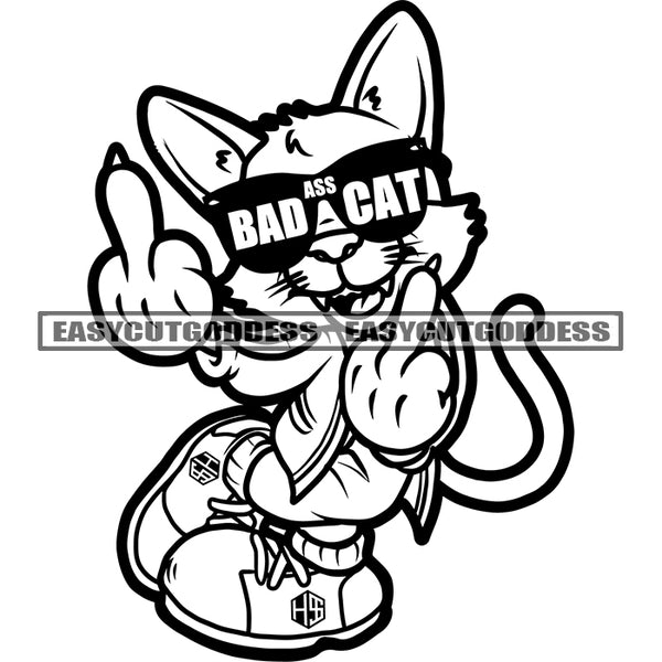 Ass Bad Cat Showing Middle Finger Black And White Artwork BW Wearing Sunglasses Scarface Cat Smile Face SVG JPG PNG Vector Clipart Cricut Silhouette Cut Cutting