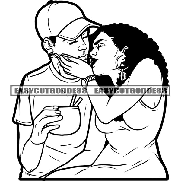 African American Romantic Couple Kissing Pose Close Eyes Wearing Cap And Hoop Earing Curly Hairstyle Black And White Artwork Man Holding Mug And Straw SVG JPG PNG Vector Clipart Cricut Silhouette Cut Cutting