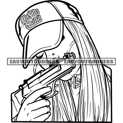 Gangster African American Woman Hand Holding Gun Wearing Cap Hide Face Design Element SVG JPG PNG Vector Clipart Cricut Silhouette Cut Cutting