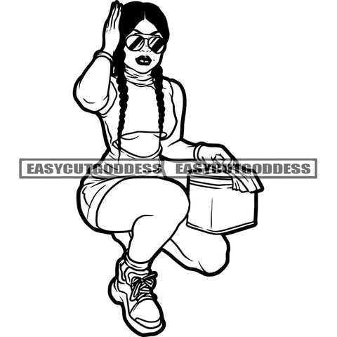 Black And White Artwork African American Woman Sitting Pose Wearing Sunglass Hand Holding Hand Bag Sexy Dress Long Nail SVG JPG PNG Vector Clipart Cricut Silhouette Cut Cutting