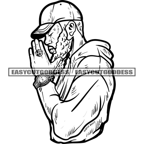 Black And White Artwork African American Hard Praying Hand Man Face Wearing Cap And Watch Close Eyes SVG JPG PNG Vector Clipart Cricut Silhouette Cut Cutting
