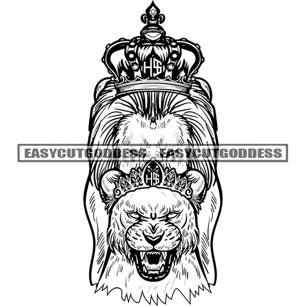Lion Family King And Queen Crown On Head Angry Face Black And White Artwork Smile Face Vector SVG JPG PNG Vector Clipart Cricut Silhouette Cut Cutting