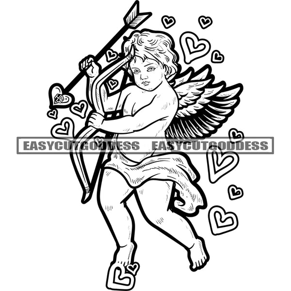Angle Wings Hand Holding Heart Smile Face Black And White Artwork Heart Symbol Fly Design Element SVG JPG PNG Vector Clipart Cricut Silhouette Cut Cutting