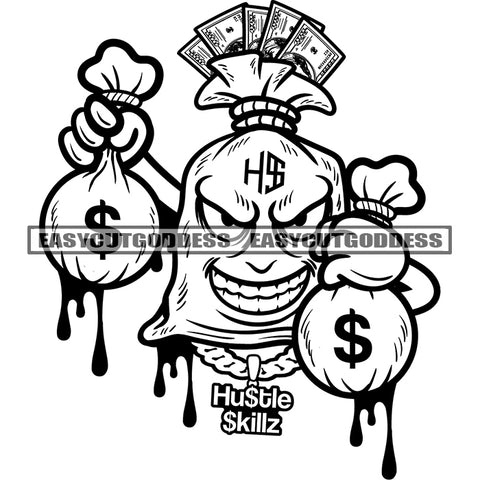 Funny Money Bag Cartoon Character Hand Holding Money Bag Smile Face Color Dripping Vector BW Artwork SVG JPG PNG Vector Clipart Cricut Silhouette Cut Cutting