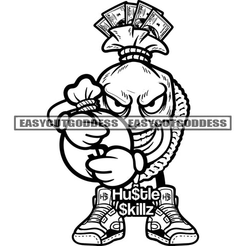 Funny Money Bag Cartoon Character Wearing Chain Hand Holding Money Bag Smile Face Color Dripping Vector BW Artwork SVG JPG PNG Vector Clipart Cricut Silhouette Cut Cutting SVG JPG PNG Vector Clipart Cricut Silhouette Cut Cutting