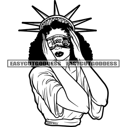 Afro Woman Wearing Statue Of Liberty Hat Wearing Sunglass Afro Hairstyle Design Element Black And White Woman BW African American Woman SVG JPG PNG Vector Clipart Cricut Silhouette Cut Cutting