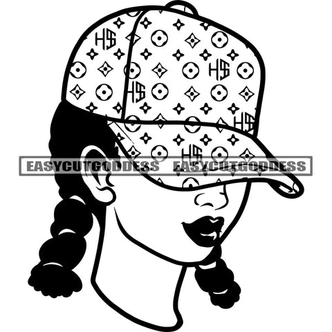 Black And White African American Woman Wearing Hat Design Element Afro Hairstyle Girls Side Face BW SVG JPG PNG Vector Clipart Cricut Silhouette Cut Cutting