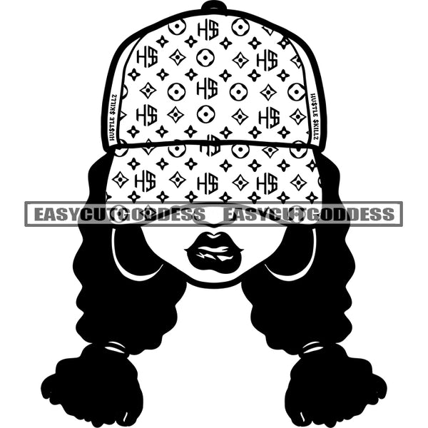 African American Woman Wearing Hat And Hoop Earing Design Element Afro Hairstyle Sexy Pose Black And White Artwork Girls Side Face BW SVG JPG PNG Vector Clipart Cricut Silhouette Cut Cutting