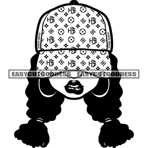 African American Woman Wearing Hat And Hoop Earing Design Element Afro Hairstyle Sexy Pose Black And White Artwork Girls Side Face BW SVG JPG PNG Vector Clipart Cricut Silhouette Cut Cutting