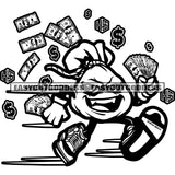 Funny Money Bag Character Running And Holding Money Design Element Money Fly Dollar Sign Black And White BW Smile Face SVG JPG PNG Vector Clipart Cricut Silhouette Cut Cutting