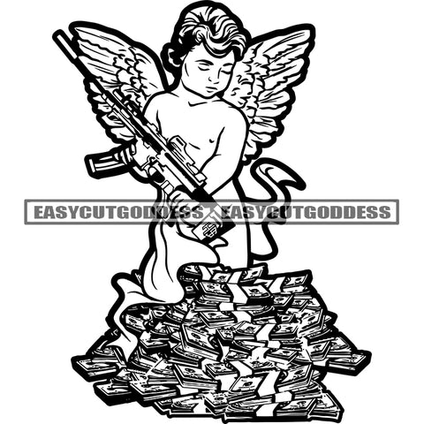 Afro Baby Angle Sitting On Money Bundle Holding Gun Gangster Angle Wing Black And White Design Element SVG JPG PNG Vector Clipart Cricut Silhouette Cut Cutting