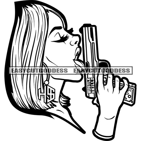 Black And White African American Gangster Woman Holding Gun And Afro Girls Touch Gun Tongue Close Eyes BW SVG JPG PNG Vector Clipart Cricut Silhouette Cut Cutting
