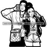 African American Couple Holding Money Bundle Afro Hairstyle Black And White Wearing Side Bag Design Element BW Sexy Pose SVG JPG PNG Vector Clipart Cricut Silhouette Cut Cutting