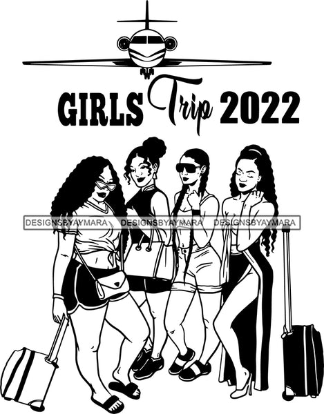 Afro Ladies Getaway Plane Vacation Trip Best Friends Divas Logo B/W SVG JPG PNG Vector Clipart Cricut Silhouette Cut Cutting